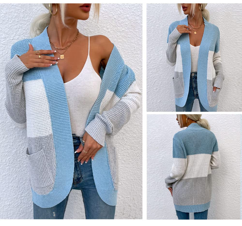 Gilet Femme, Cardigan Femme Rétro Bleu Gris Couleurs Assorties Avec Poches Arc Ourlet Manteau En Tricot Doux Et Chaud Automne Hiver Veste En Tricot À Manches Longues Pull Ouvert Sortie Décontract