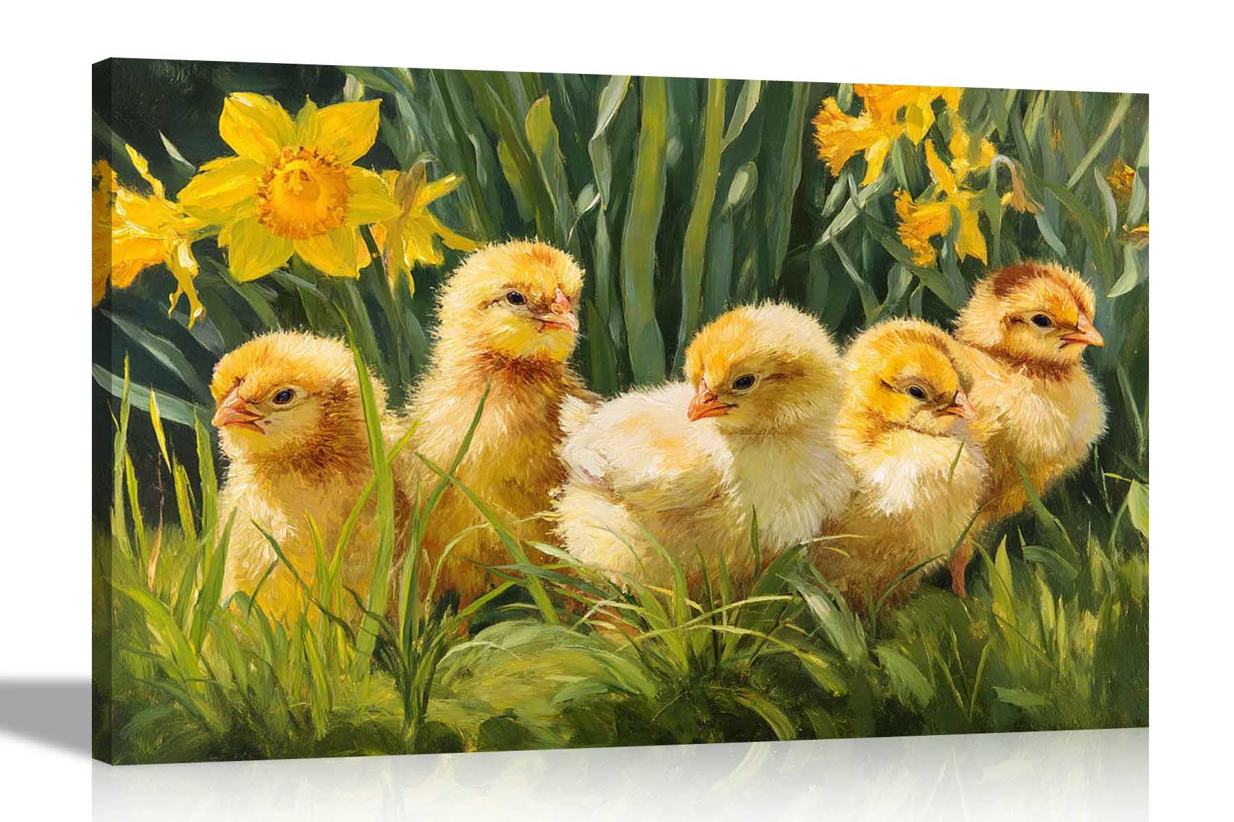 Artley Prints - Cute Chicks and Yellow FlowersCanvas Prints Modern Home Conservatory Wall Art Décor Ready to Hang Large 86 x 61cm (34 x 24 inches) A1