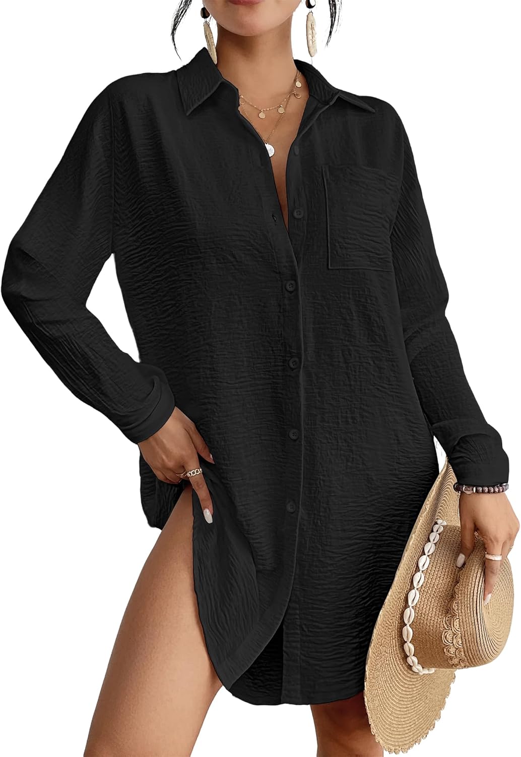 Bsubseach Swimsuit Coverup for Women Button Down Beach Cover Ups Long Sleeve Shirt Dress Modern Blouse Top