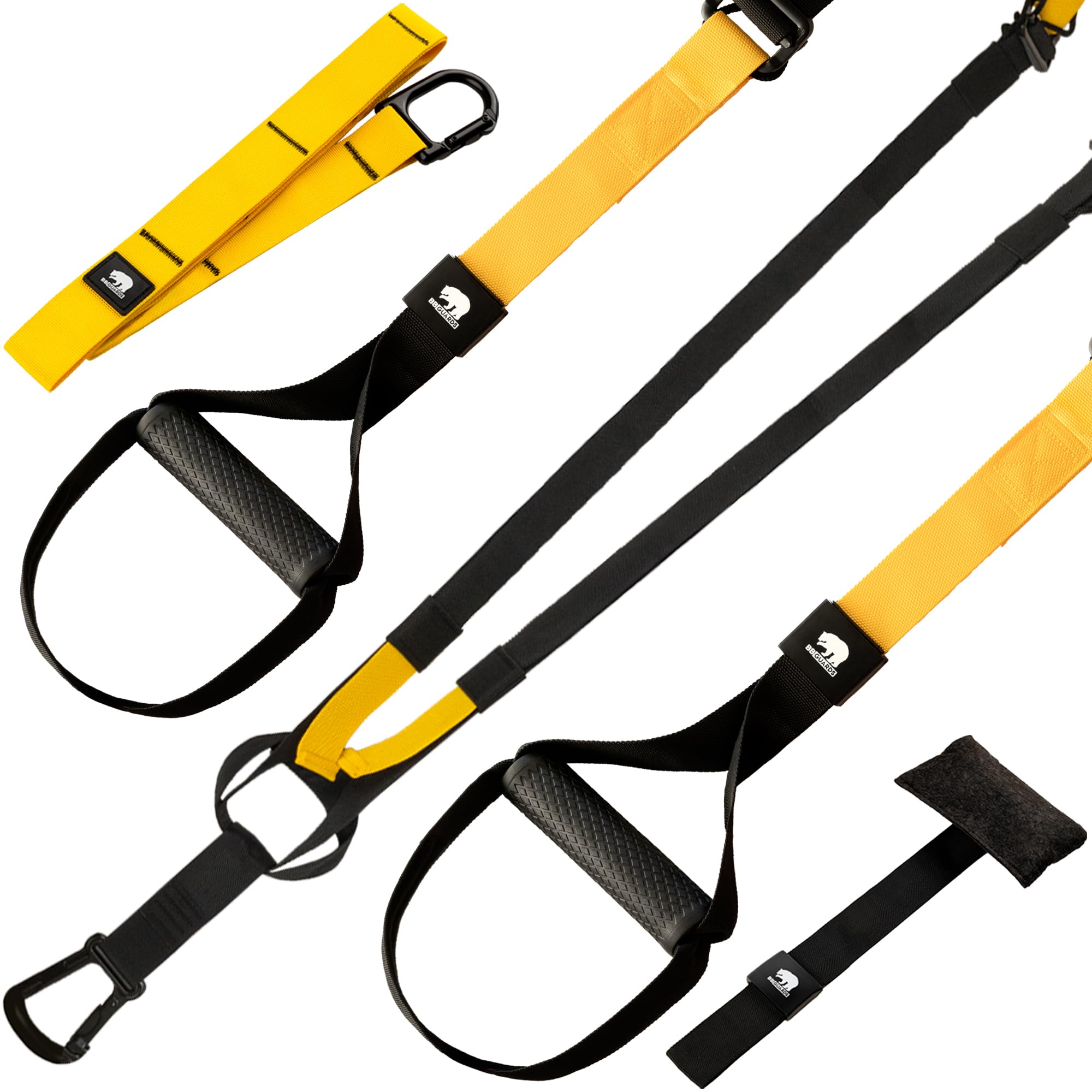Sangles de suspension (fixation murale et de porte incluse), roulette abdominaux et bande élastique musculation. Appareil de musculation avec roue abdominale, bande élastique et sangle suspension