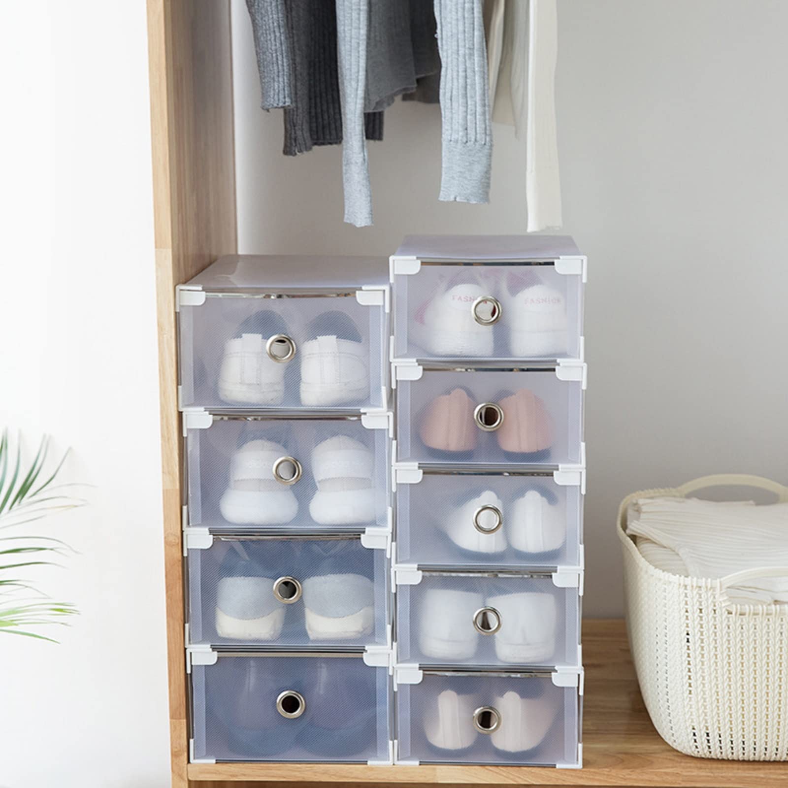 Paquete de 20 cajas de plástico para zapatos, cajas de almacenamiento plegables y apilables, caja de almacenamiento apilable para hombres y mujeres
