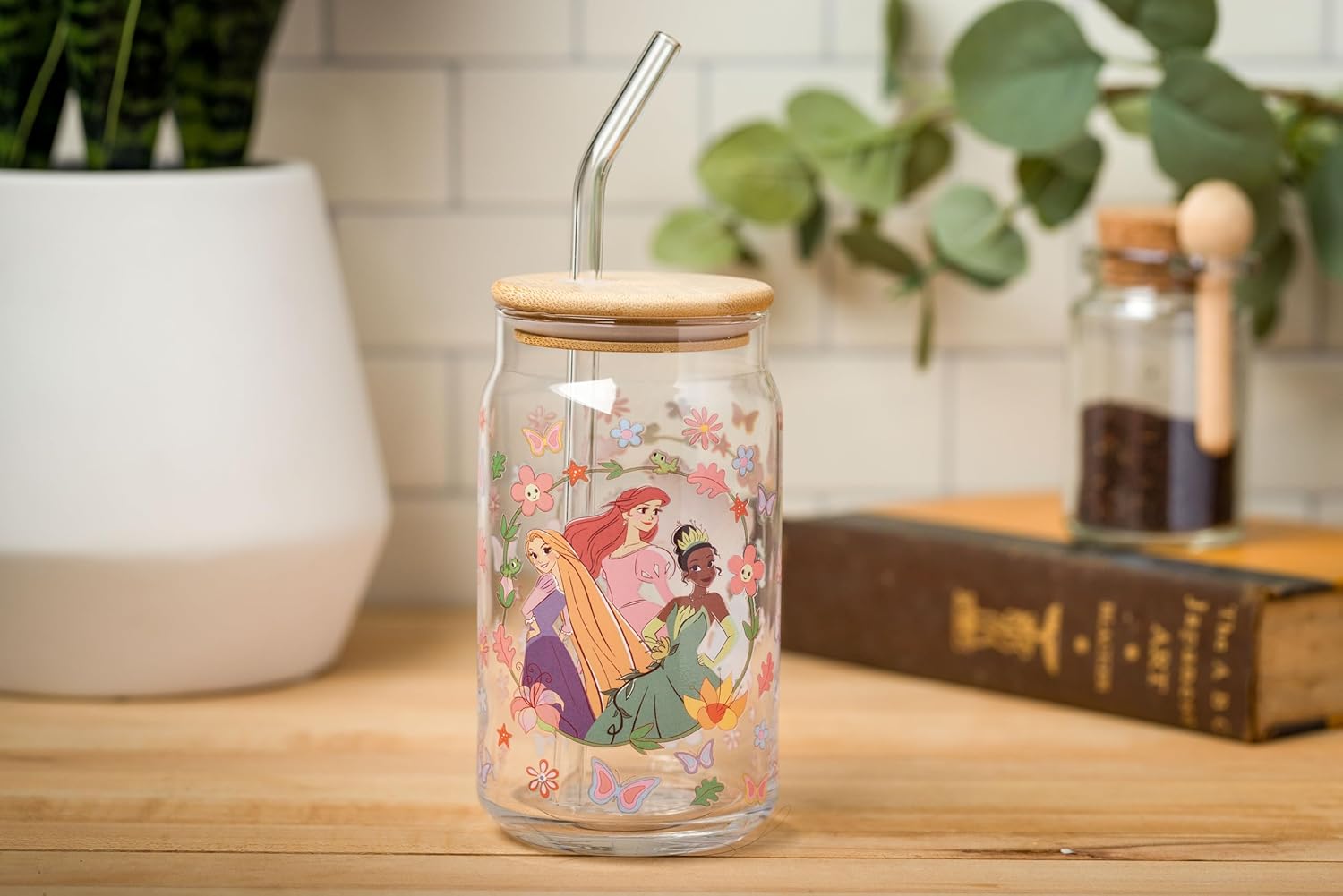 Silver Buffalo Disney Princesses Featuring Rapunzel Tangled, Ariel Little Mermaid, Tiana Princess and the Frog Spring Floral Glass Jar Tumbler with Bamboo Lid and Glass Straw, 16 Ounces - Image 7