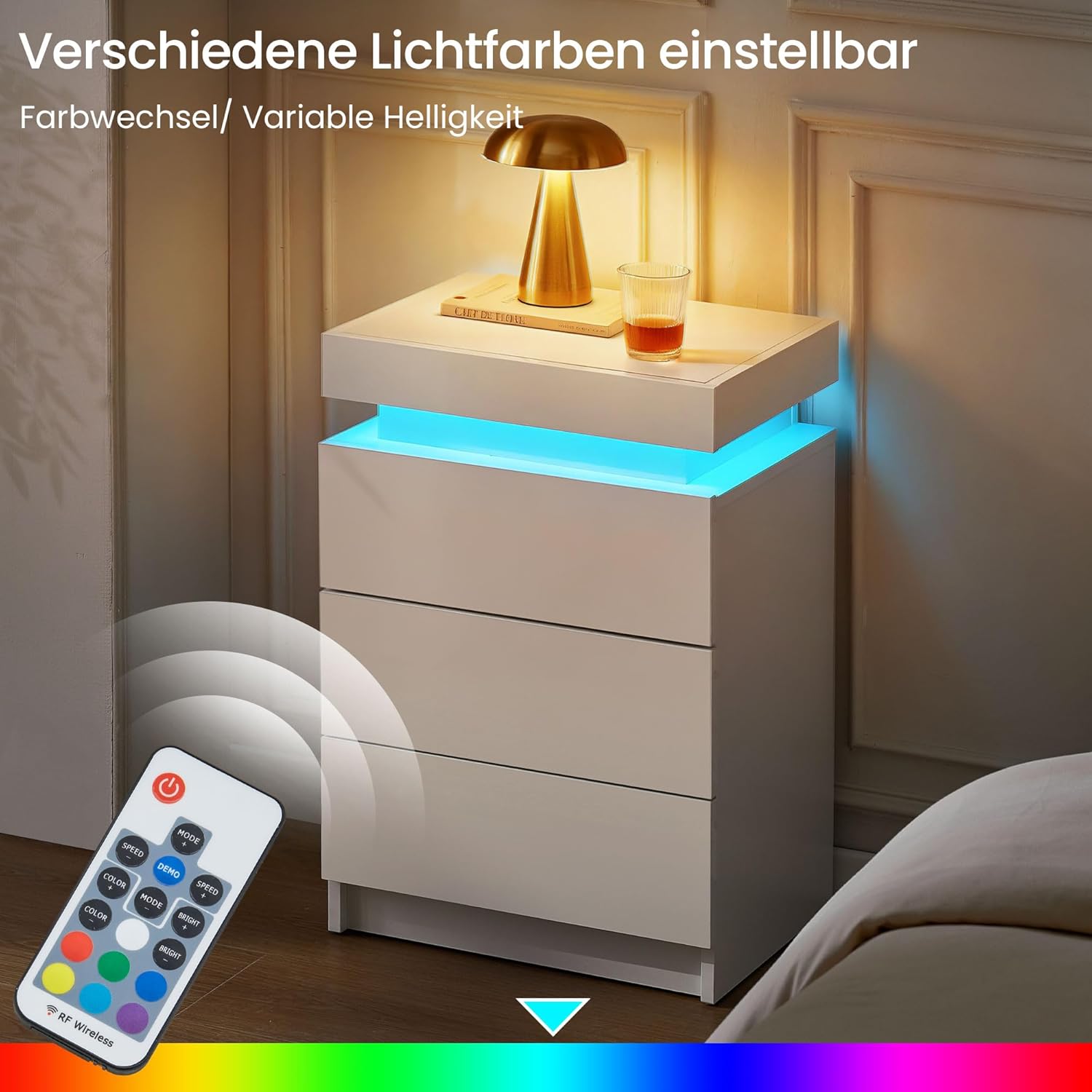 CLIPOP Modern Nightstand, LED Night Stand with 3 High Gloss Chest of Drawers, Bedside Table Cabinet with Remote Control Lights, Wood Matte Nightstand 21.6" Tall Bedroom Furniture, White