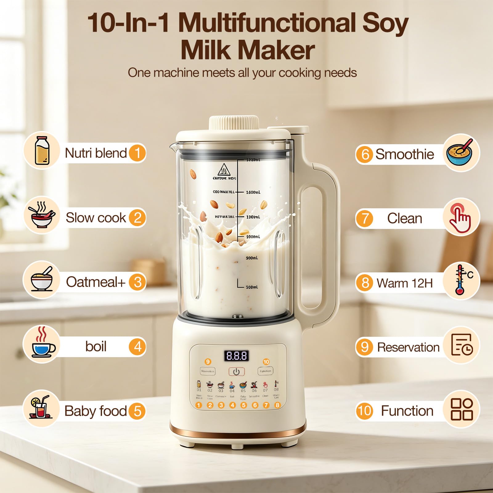 Macchina per il latte vegetale 10 in 1 1800 ml, macchina per il latte di soia con 48 lame titanio, timer 12H, mantenimento caldo, autopulizia, 800 W per latte vegetale casa mandorla, noce, avena