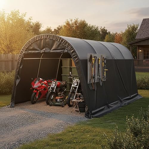 10x15 FT Heavy Duty Carport, Portable Garage with Reinforced All-Steel Frame and Round Style Roof, Anti-Snow All Covered Car Canopy Outdoor Waterproof Storage Shelter for Car,Truck,Boat