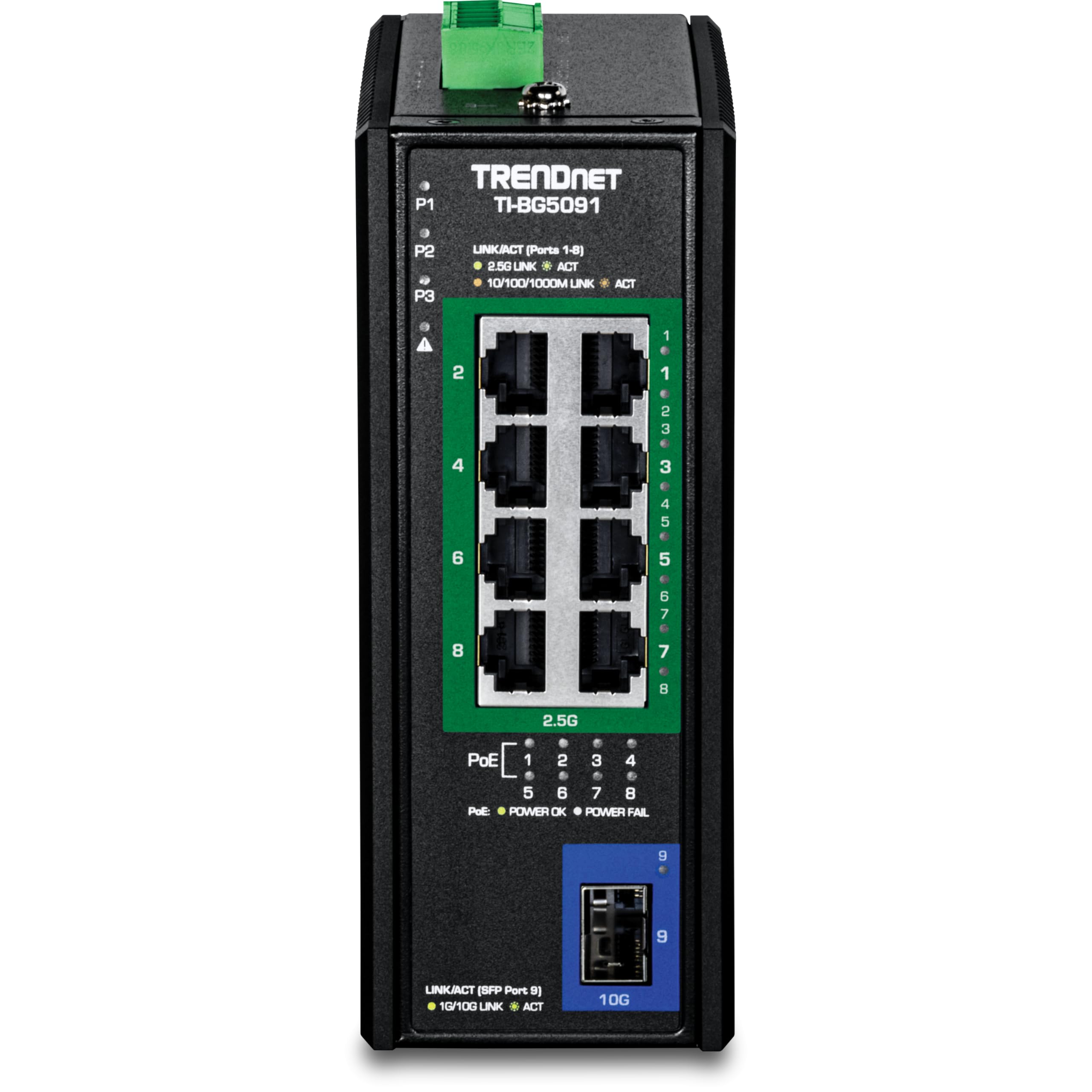 TRENDnet, TI-BG5091, Switch PoE++ industriale 2.5G su guida DIN a 9 porte con porta SFP+ 10G, Multi-Gigabit, 8 porte PoE++ 2.G, 1 porta SFP+ 10G