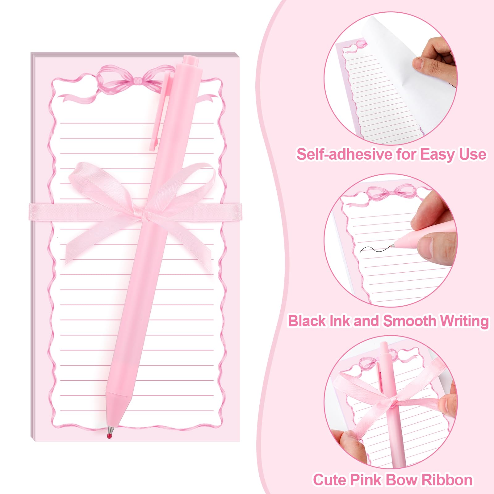 Haftnotizen und Stifte mit rosa Schleife, 48-teiliges Set, rosa Haftnotizen, adrette, ästhetische selbstklebende Notizblöcke, Kugelschreiber für Mädchen, Kokette, Schulbedarf, Schleife, Partygeschenke