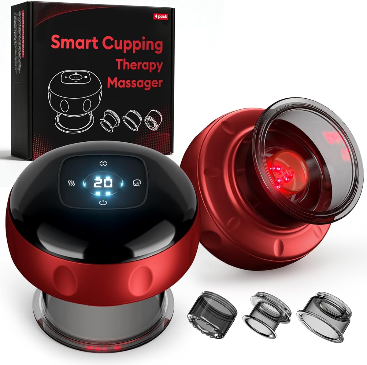 4 Pack Cupping Set, 7-in-1 Smart Cupping Therapy Massager. Red Light Cupping Therapy Set with 2 Modes for Targeted Pain Relief, Muscle Soreness,Tighter Skin,Cupping Kit with 20 Levels Suction and Heat