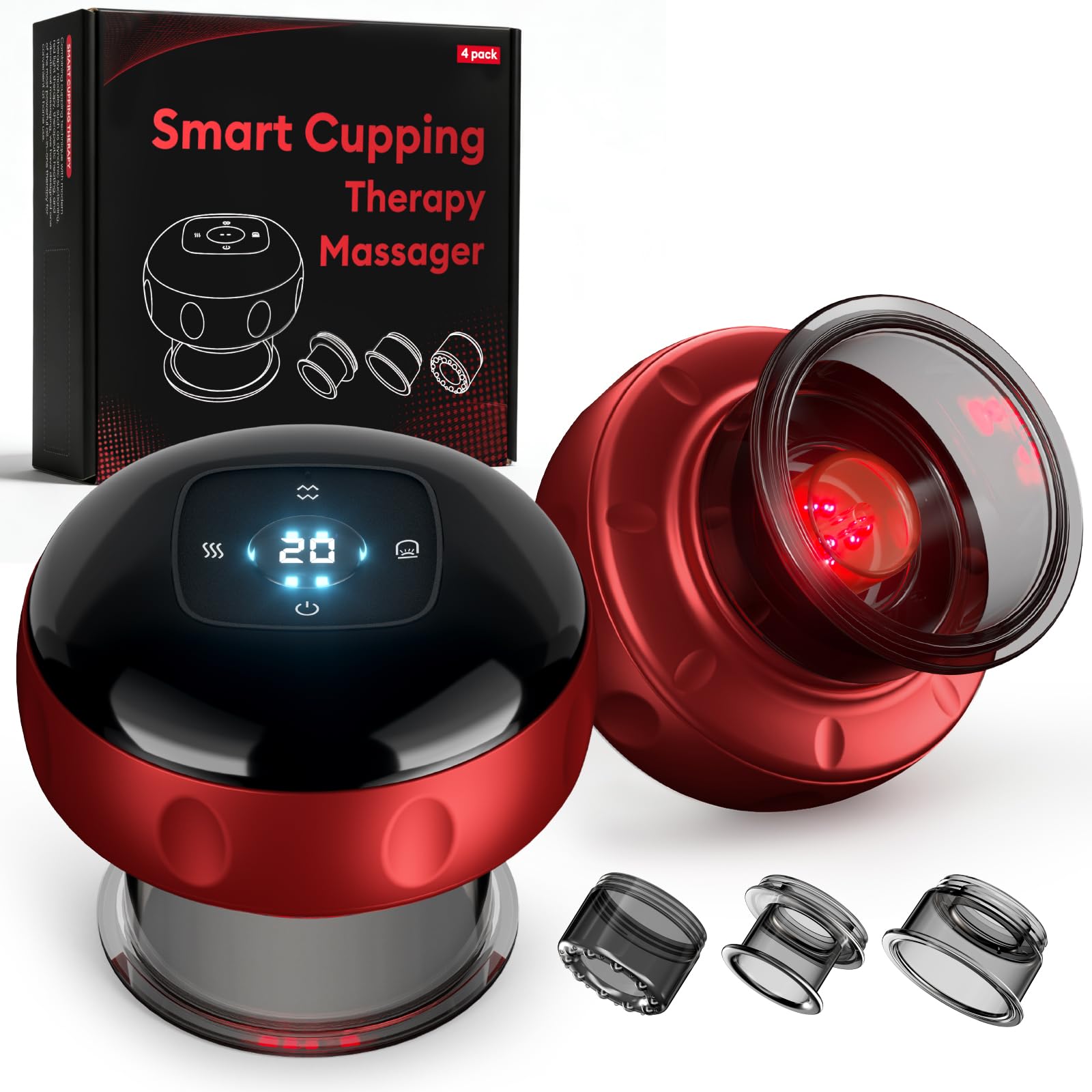 Photo 1 of 4 Pack Cupping Set, 7-in-1 Smart Cupping Therapy Massager. Red Light Cupping Therapy Set with 2 Modes for Targeted Pain Relief, Muscle Soreness,Tighter Skin,Cupping Kit with 20 Levels Suction and Heat