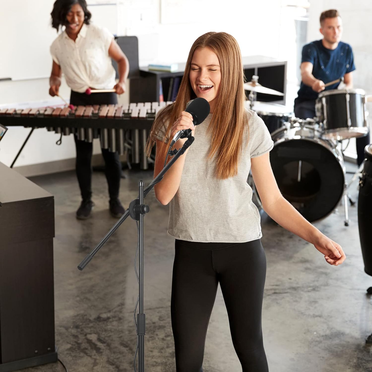 Sherr 2 Pcs Microphone Stand Boom Bulk, Adjustable Height Tripod Mic Stand with Dual Clip, Black Foldable Universal Heavy Duty Tripod Holder for Live Stream Singing Stage