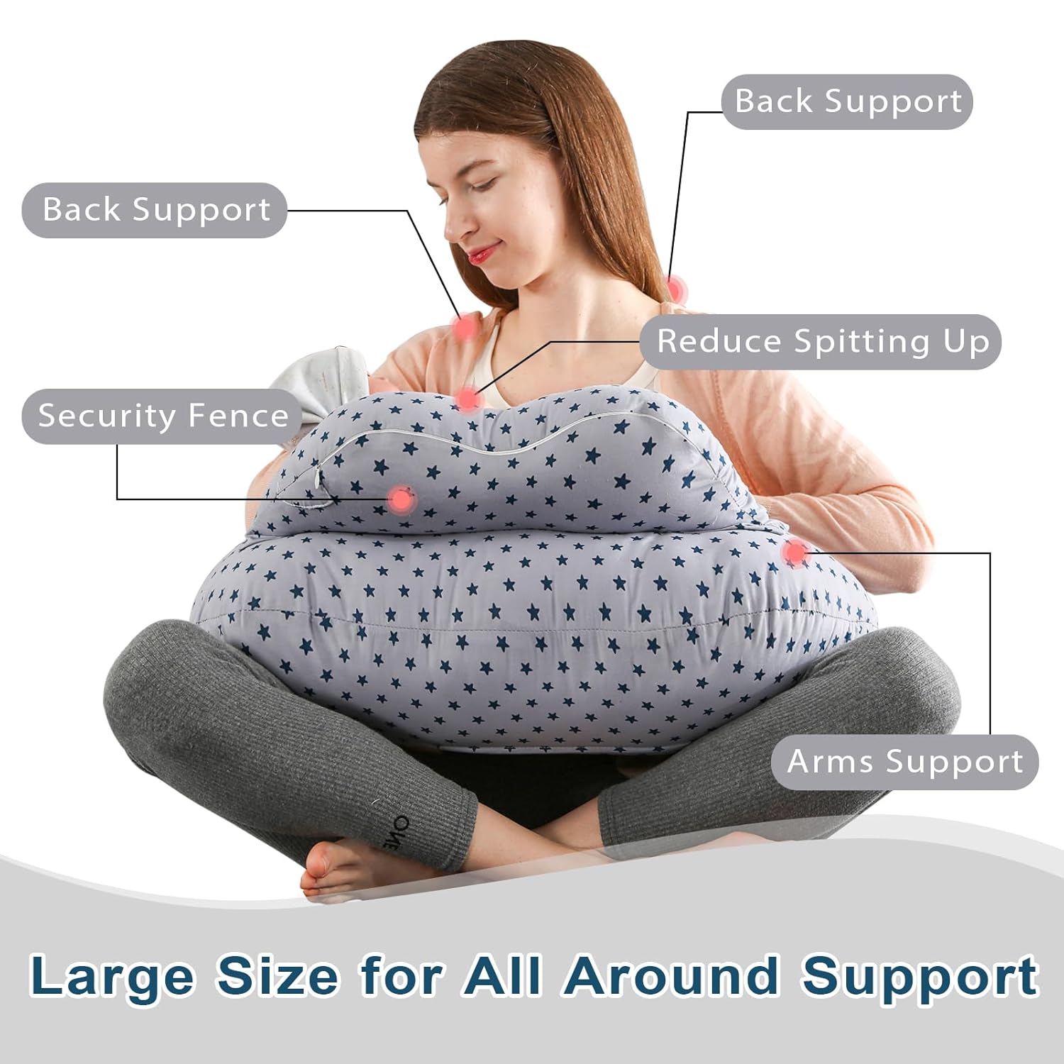 BATTOP Nursing Pillow for Breastfeeding, Plus Size Breastfeeding Pillows for More Support,with Adjustable Waist Strap and Removable Cotton Cover, Adults Pillow, Grey