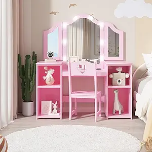 Kids Vanity Table, Princess Makeup Desk & Chair Set with touch Light Detachable Tri-Folding Mirror, Open Storage Shelves, Wooden Girls Vanity Dressing Table, Pretend Play Vanity Set for Toddler