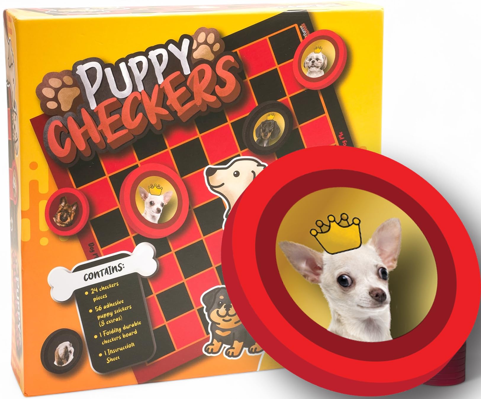 Puppy Checkers - Board Game Set for Kids, Adults, and Families. Checkerboard Game for Boys and Girls Pieces with 56 Adhesive Puppy and Dog Stickers!