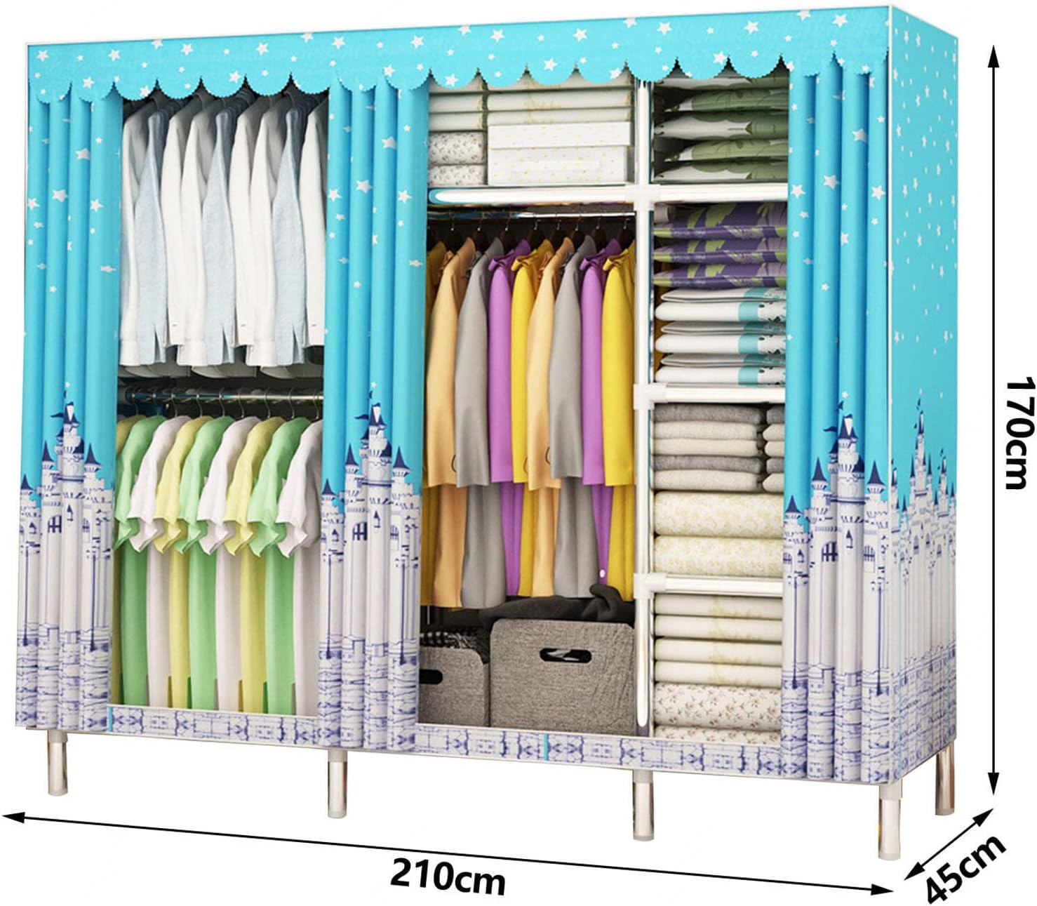 Wardrobe, Portable Canvas Wardrobe Shelves with Hanging Rail and Fabric Cover, Clothes Closet Storage Organizer for Bedroom, Easy to Assemble,E-210x45x170cm