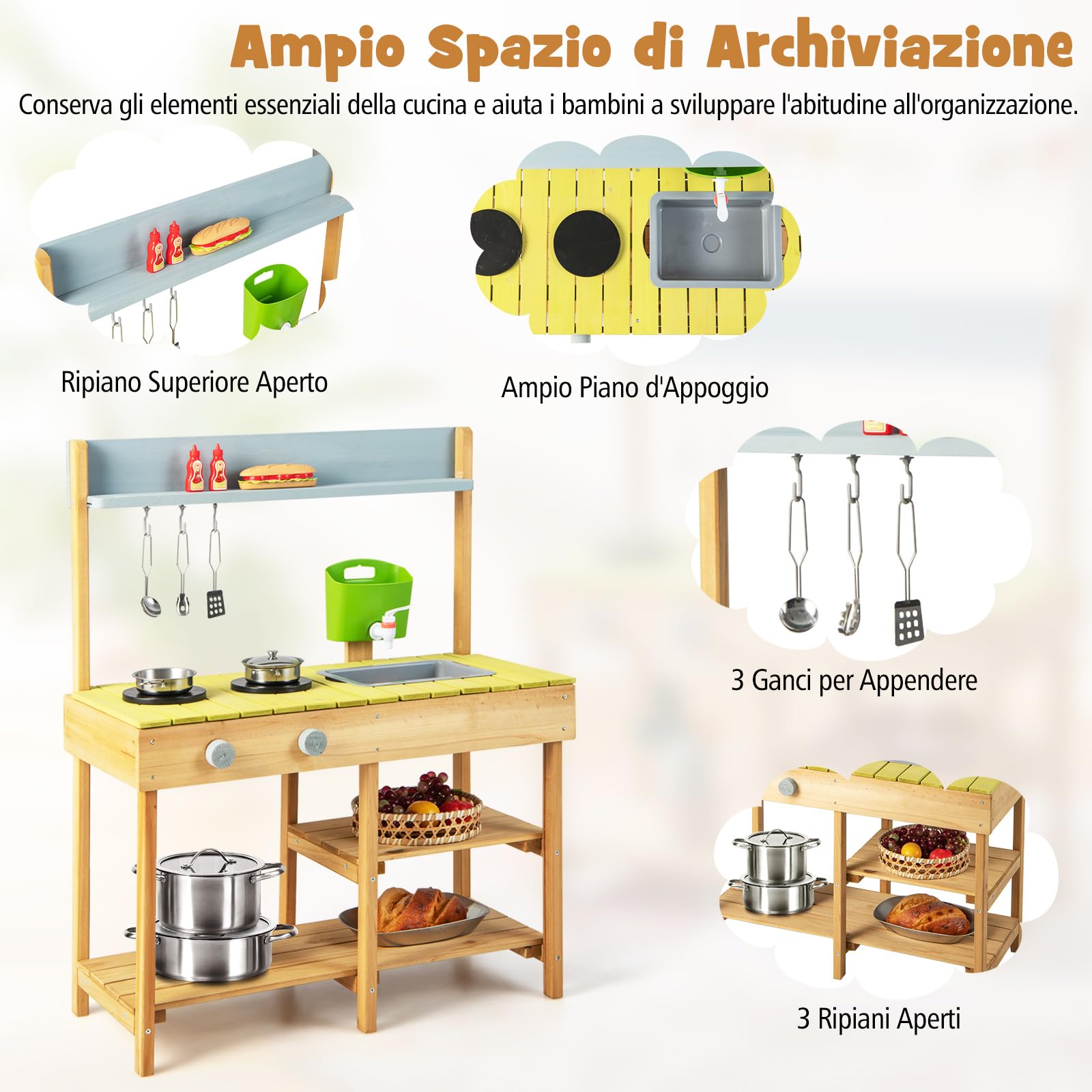COSTWAY Cucina Giocattolo per Giardino in Legno di Abete, Cucina per Bambini con Serbatoio dell'Acqua e Lavello Rimovibili, 3 Ripiani Aperti, Funzione Suoni, per Bambini 3+ Anni (Naturale)