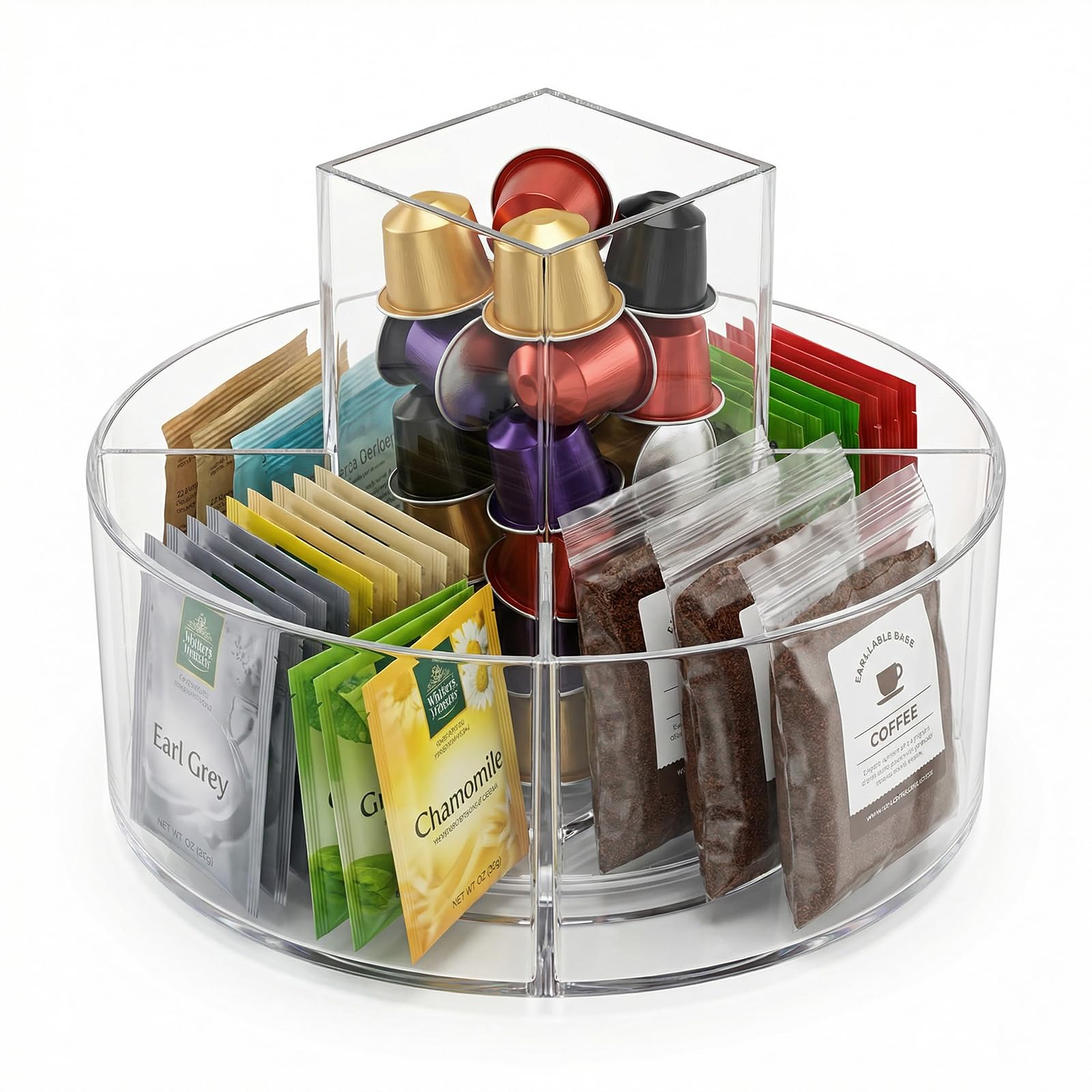 Tea Bag Organiser Box | Plastic Storage Container with 5 Compartments for Tea Bags, Sugar, Coffee Pods & Small Items