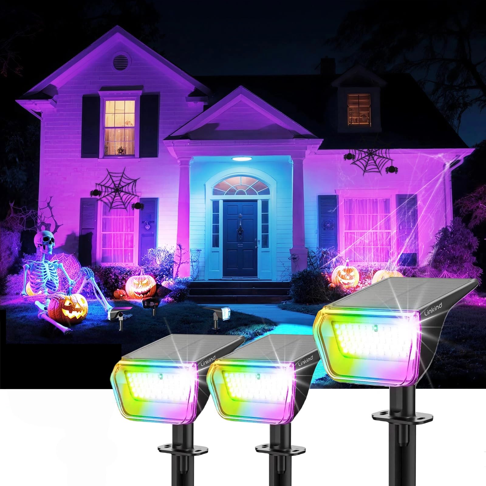 Linkind Solar Garden Lights Outdoor, RGBW Color Changing Dusk to Dawn Solar Lights with Winter Mode, IP67 Waterproof Wall Lights for Porch Driveway Walkway, Halloween Christmas Holiday Decor, 3 Pack