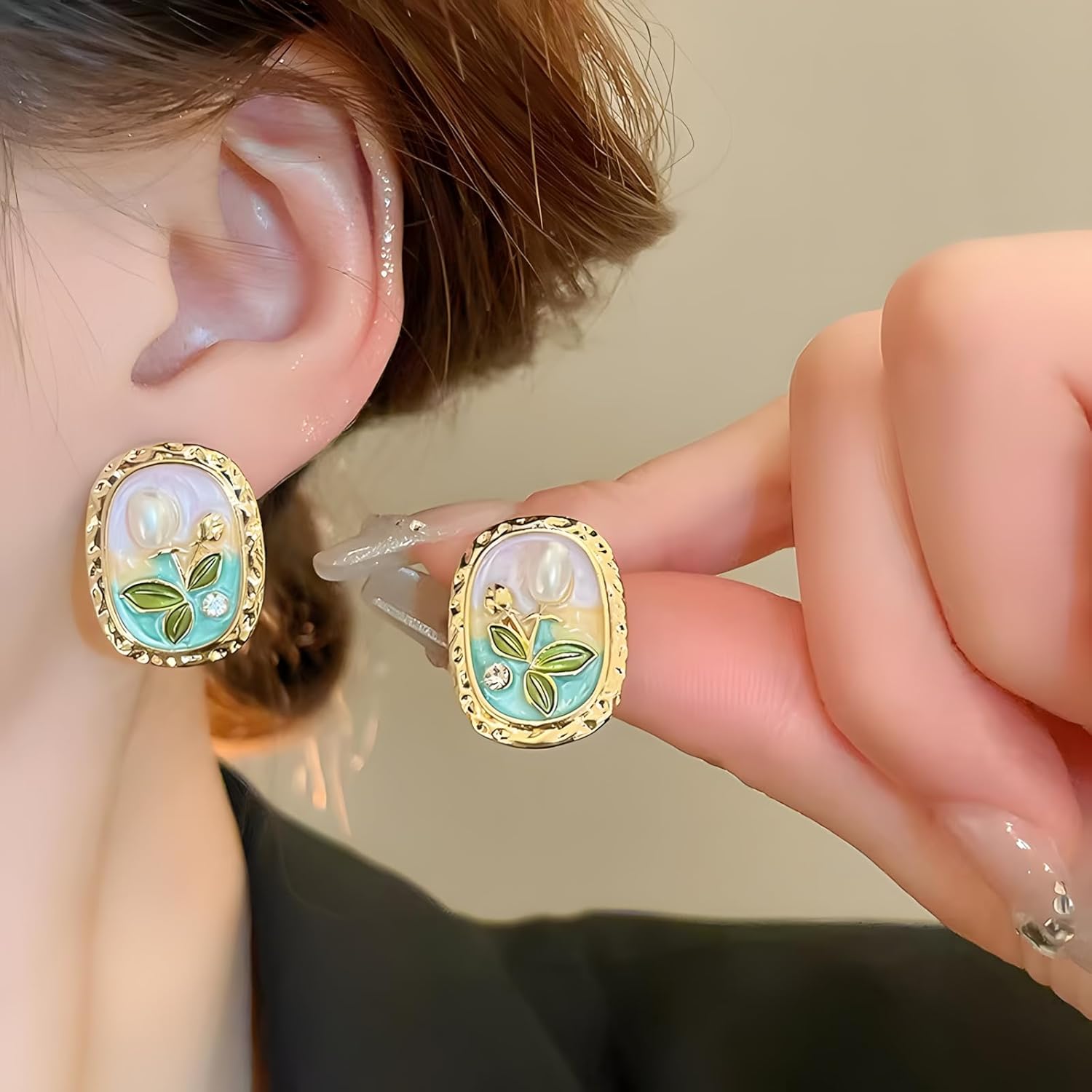 Oil Painting Style Enamel Flower Earrings for Women Enamel Flower Pearl Earrings - Image 2