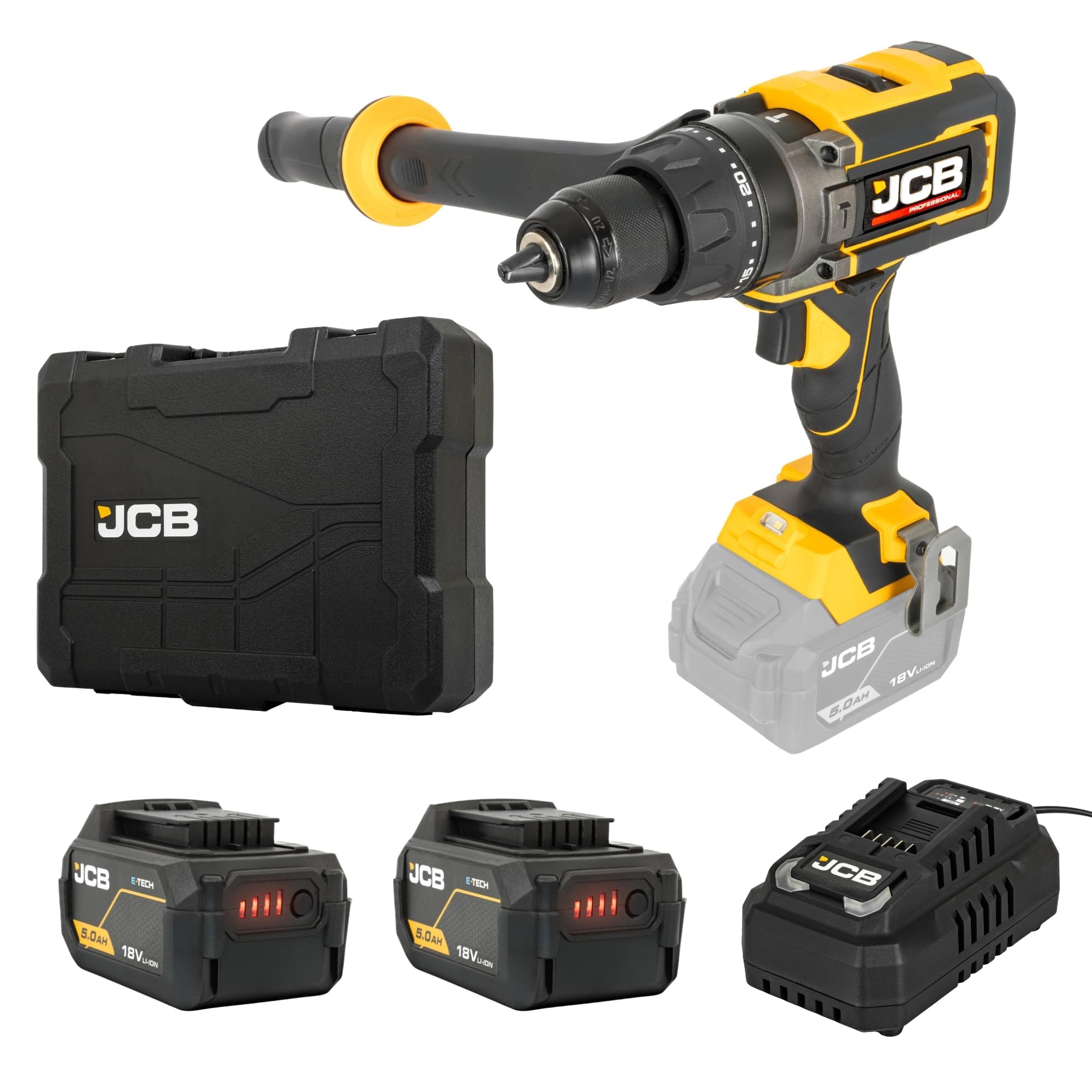 Jcb Black Pro 18V 160Nm Brushless Cordless Combi Drill Yellow, 2 X 5.0Ah Batteries & Fast Charger, Anti-Kickback, High Torque For Wood, Metal & Masonry, 3 Year Warranty