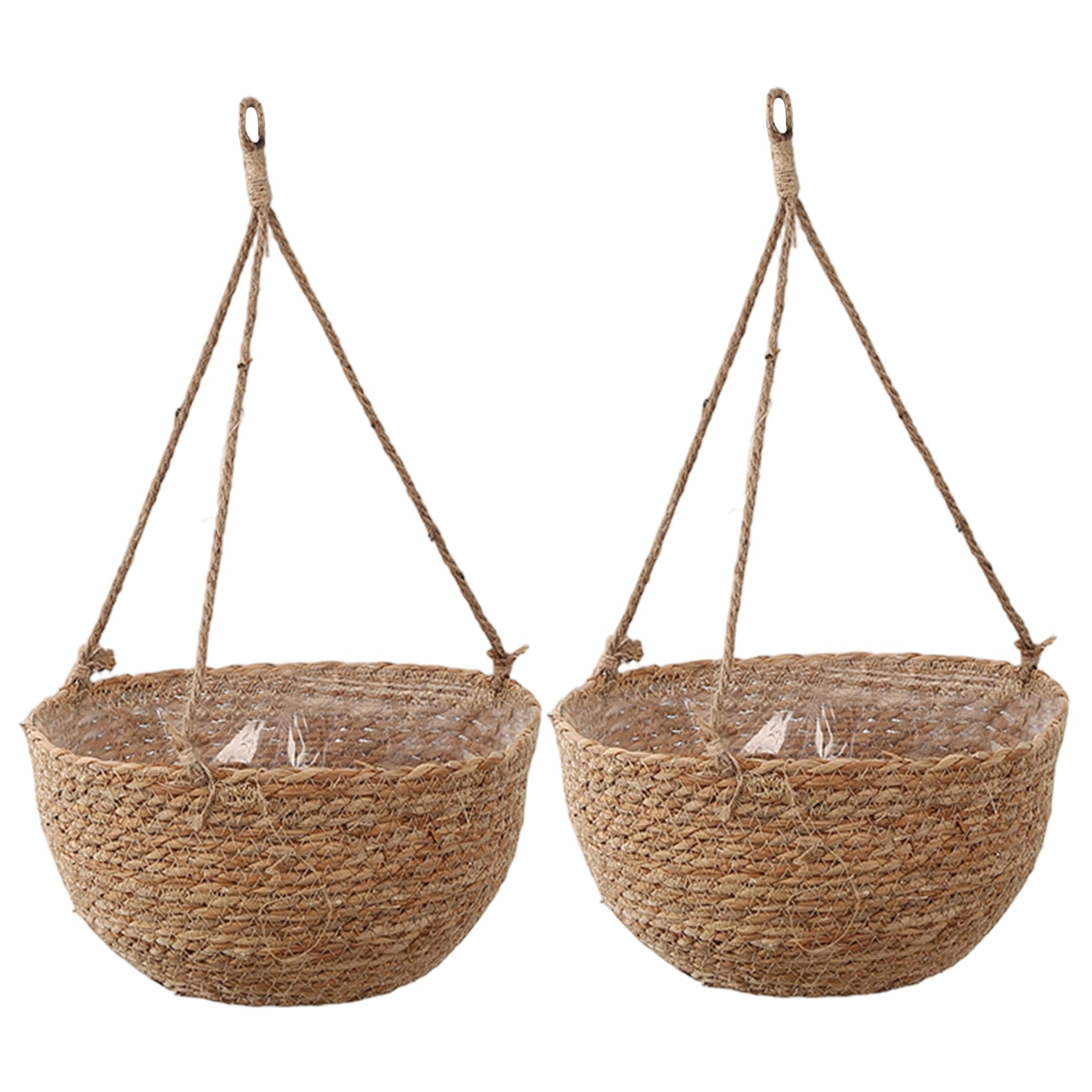 Ameble 2 Pack Hand-Woven Cattail & Paper Rope Hanging Flower Pot Basket for Indoor & Outdoor Use - Large