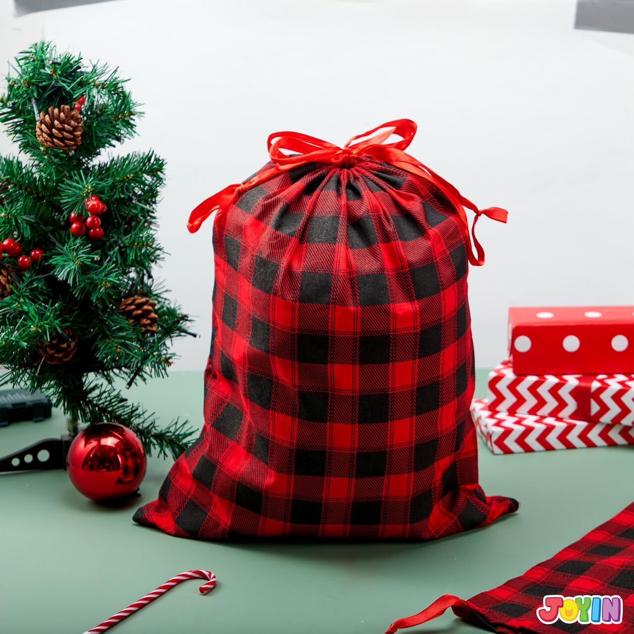 JOYIN 6 PCS Christmas Fabric Drawstring Gift Bag 19" x 14.5", Cotton Buffalo Plaid Sacks in Red and Black, Xmas Plaid Cloth Pouches for Presents Wrapping and Storage, Holiday Party Decor