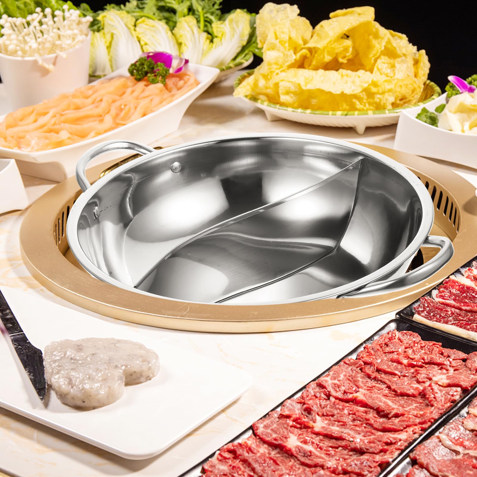 Housoutil Pot De Canard Mandarin Cuiseurs à Fondue Divisés Batterie De Cuisine à Soupe Double Face Poêle De Camping Fondue Chinoise Le Potage Acier Inoxydable Pot De Nouilles 28c Électrique