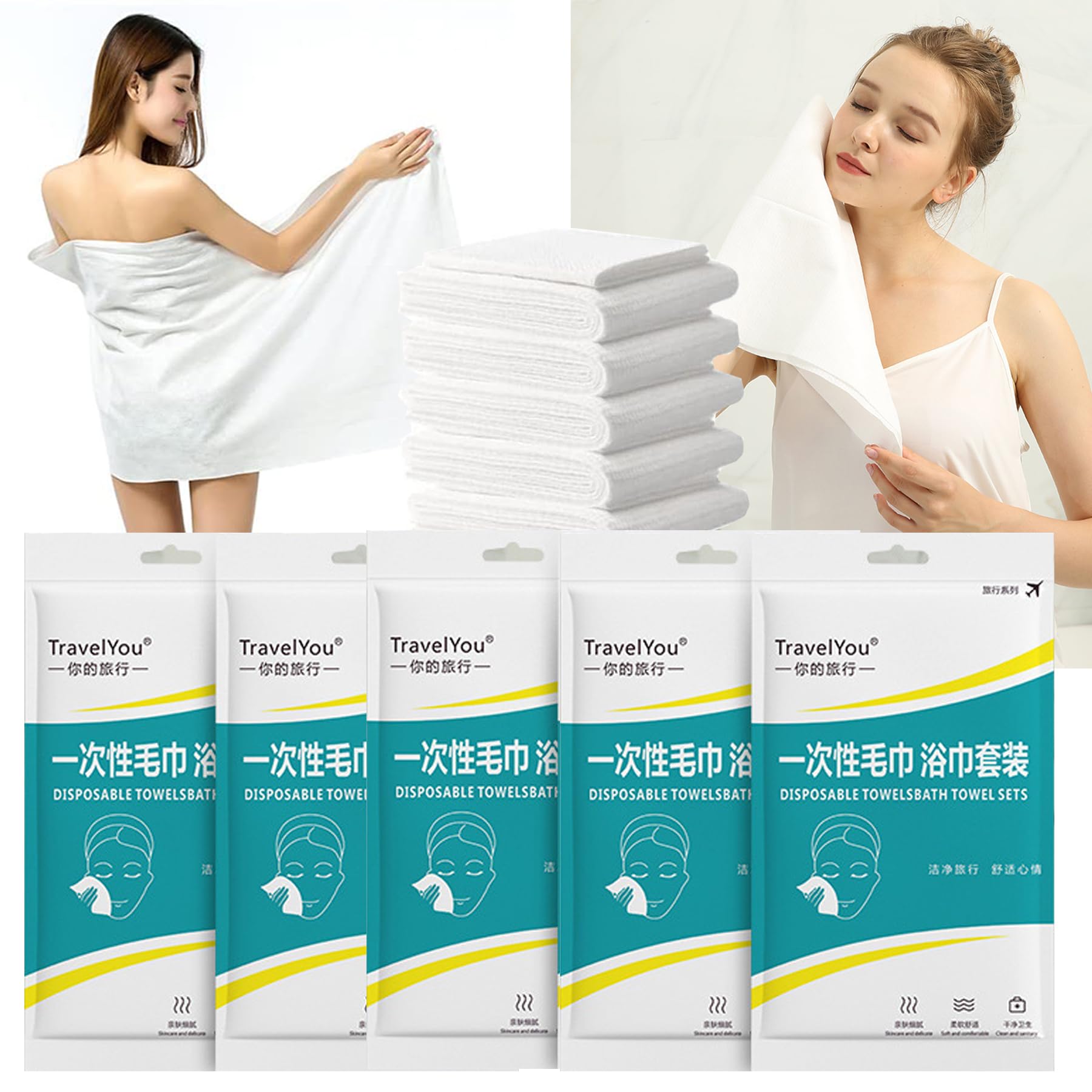 Disposable Bath Towels Set, 5 Pack Camping Towel I Gym Towel I Barber Towel, Compressed Bath Towel Tablets for Camping Sports Hiking Beach Swim, Individually Packed,70x140CM Bath Towel and 30x70 Towel