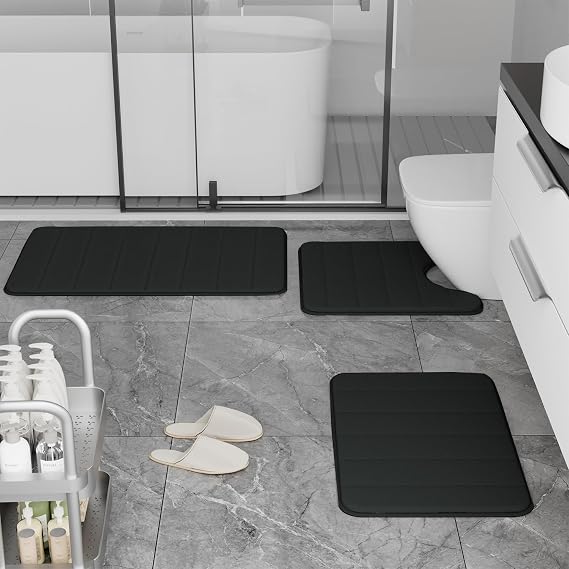 Bathroom Rugs Set Memory Foam Bath Rugs Non-Slip Bath Mat Set 3 Piece,Washable Bathroom Mats,Absorbent Shaggy Rugs Super Soft U-Shaped Toilet Rug,Bahroom Carpets for Bathroom,Tub,Shower(Black)