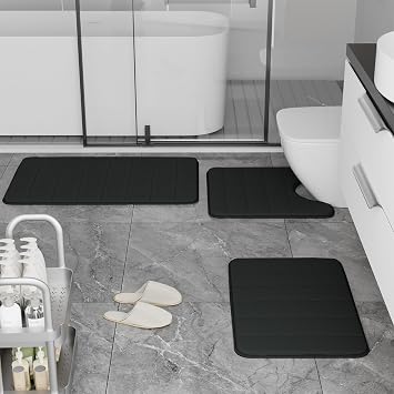 Bathroom Rugs Set Memory Foam Bath Rugs Non-Slip Bath Mat Set 3 Piece,Washable Bathroom Mats,Absorbent Shaggy Rugs Super Soft U-Shaped Toilet Rug,Bahroom Carpets for Bathroom,Tub,Shower(Black)