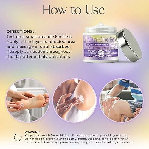 Miniatura 9 de PURPLE CANYON Crema para el dolor de magnesio todo en uno, crema natural para aliviar el dolor con árnica, MSM y capsaicina para apoyo muscular