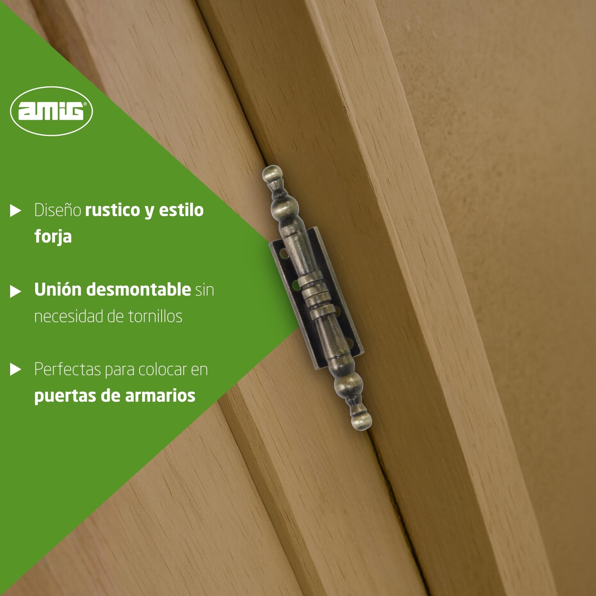 Amig - Bisagra Desmontable Decorativa con Remate - Fabricada en Zamak - Para Puertas Abatibles de Armarios y Otros Muebles - Medidas 100 x 10 mm - Acabado en Cuero