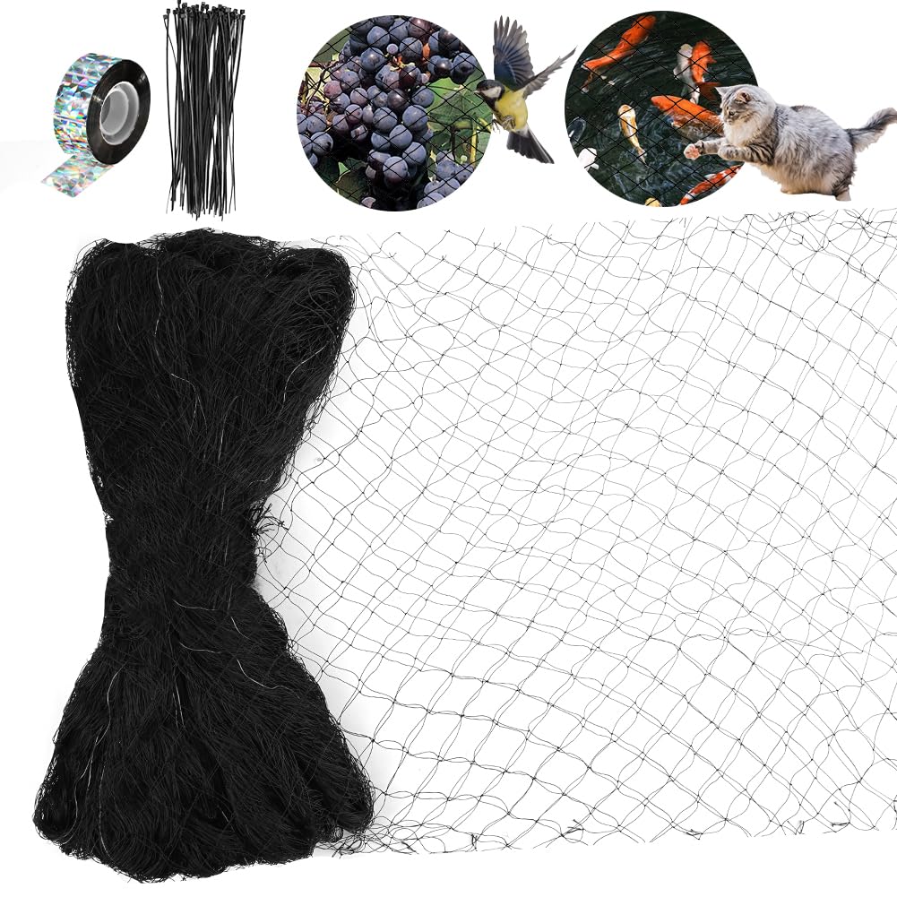 AOOWU Gardens Anti Bird Netting, Bird Netting for Garden to Protect Fruit Vegetable, Anti Bird Netting Kit with Cable Ties, Bird Reflective Tape,Plant Netting Protection Garden Mesh Fence, 7.5m x 7.5m