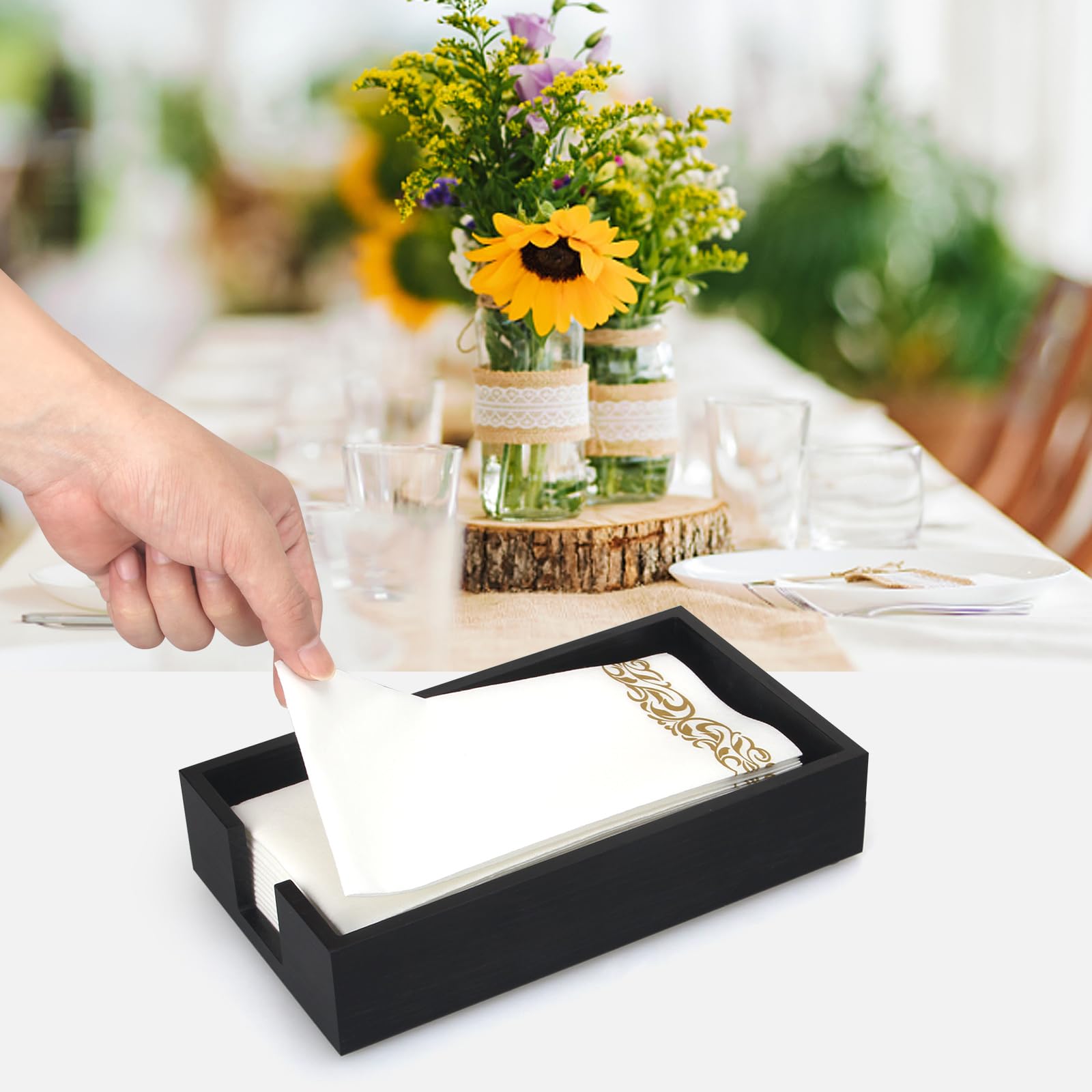 Renawe Moderno servilletero plano de madera de pino negro para mesa, cocina, baño, bandeja multiusos para servilletas de toalla de invitados, soporte desechable para toallas de mano