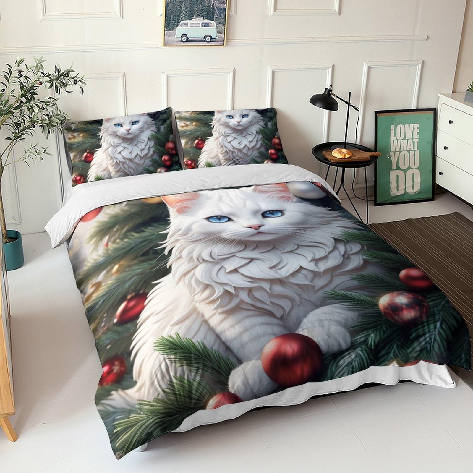 Parure de lit chat blanc 3 pièces en microfibre avec housse de couette
