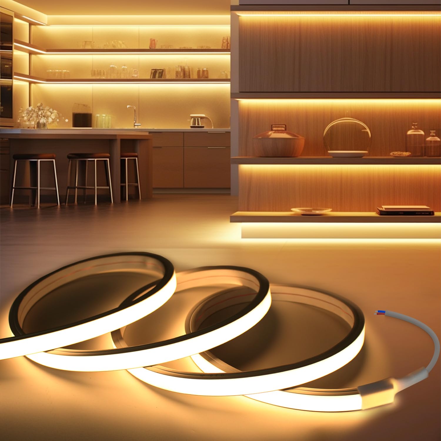 LED Strip Lights Warm White 3000K,9.8ft 12V Neon Rope Lights,Flexible Silicone Outdoor Waterproof Neon Strip Lights for Mirror,Kitchen,Cabinet,DIY Lighting(Power Supply Not Included)