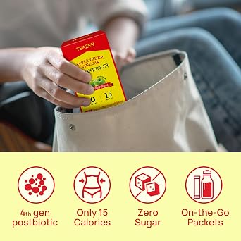 TEAZEN Apple Cider Vinegar Drink Powder Packets On-the-Go Wellness with 1500mg ACV, Sugar-Free, Postbiotics, 10 Counts | Supports Digestion & Metabolism