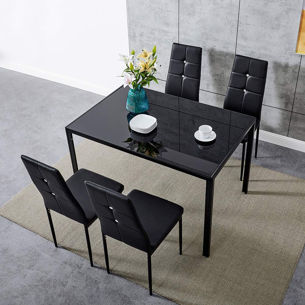 Panana Modern Gorgeous Glass Dinning Table With 4 Faux Leather High Back Stunning Chairs (Black, 120CM table with 4 Chairs)