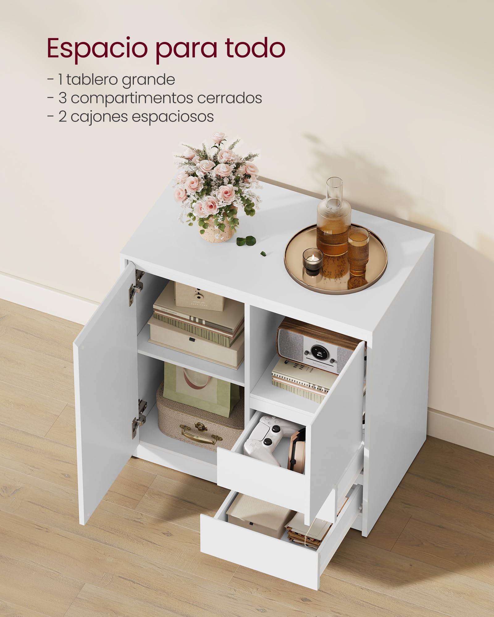VASAGLE KAILYN Colección - Aparador, Armario de Almacenamiento, con Puerta y Estante Ajustable, 2 Cajones, 40 x 70 x 74,5 cm, Salón, Comedor, Oficina, Blanco Nube BBK243W01V1