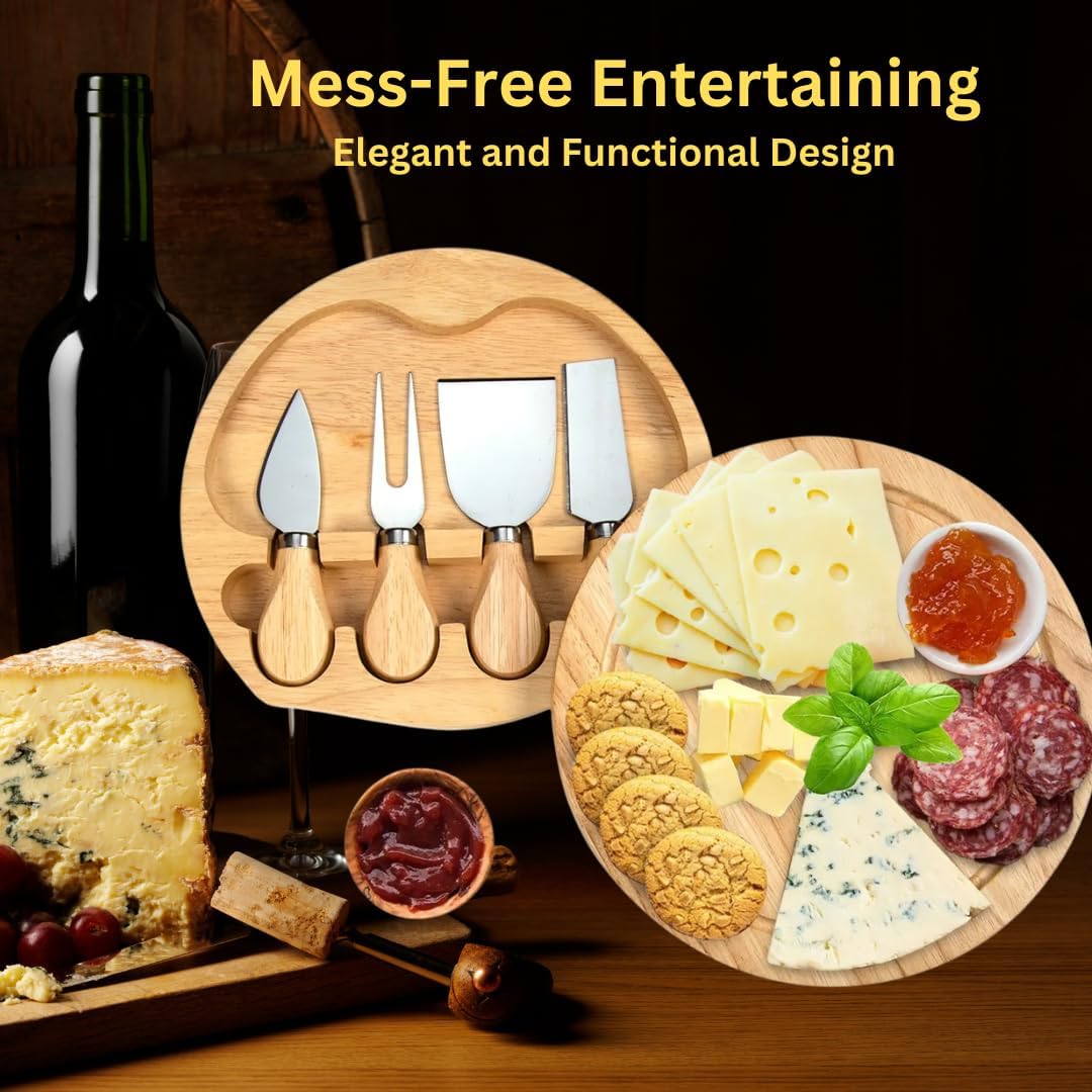 8" Round Wood Cheese Board with 4 Knives – Charcuterie Board Set with Swivel Slide-Out Drawer, Juice Groove, Compact Serving Board for Entertaining, Gifts & Travel - Image 3