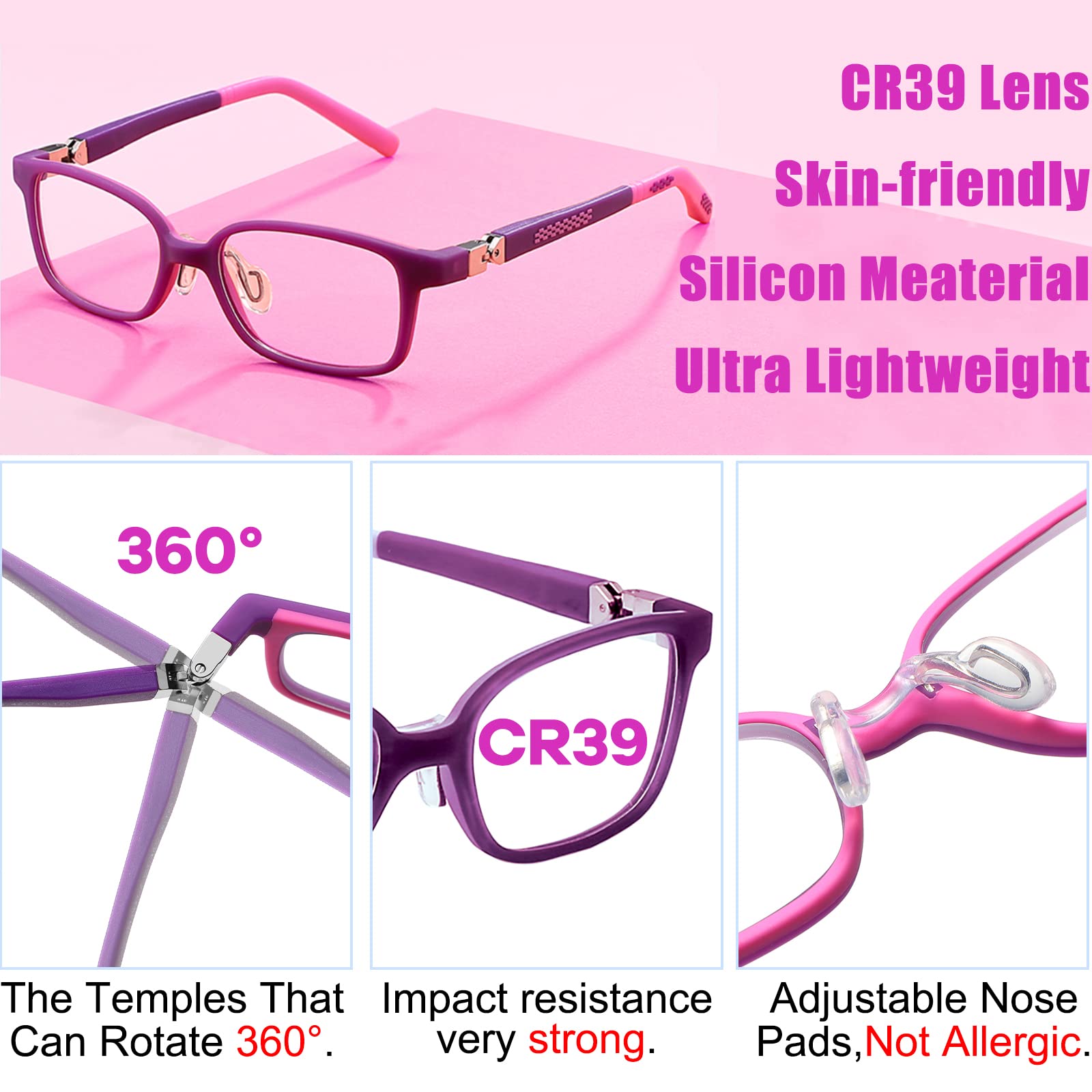360 ° Hinges TR90 Lunettes d'ordinateur pour enfants: Lunettes anti-lumière bleue pour filles. Lunettes de protection contre les radiations anti-éblouissement, anti-UV et ordinateur / TV / tablette
