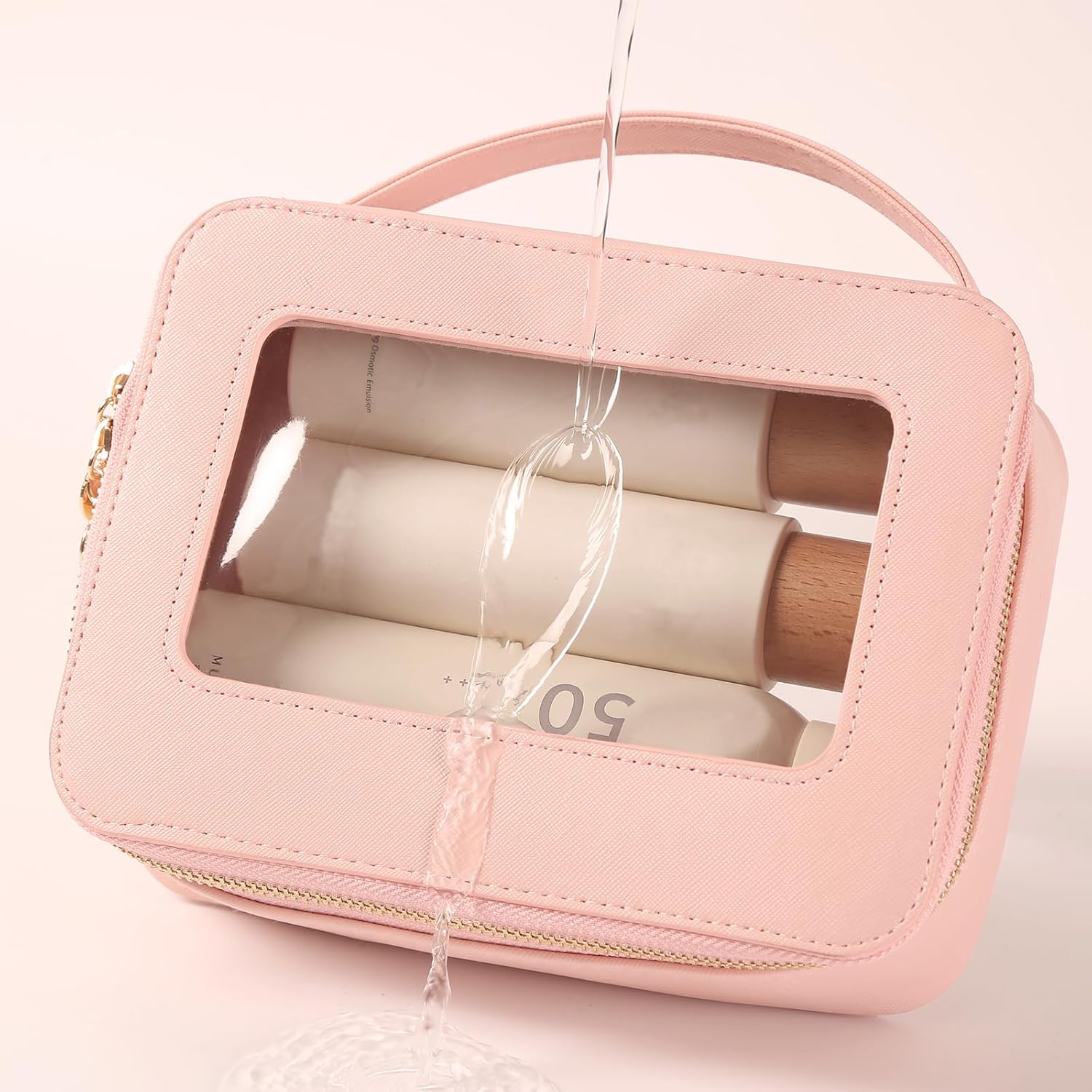 Meiyuuo Clear Makeup Bag Cosmetic Organizer Case with Handle Large Travel Toiletry Bag Zipper Skincare Pouch for Purse Essentials Waterproof Car Bag for Women Off White