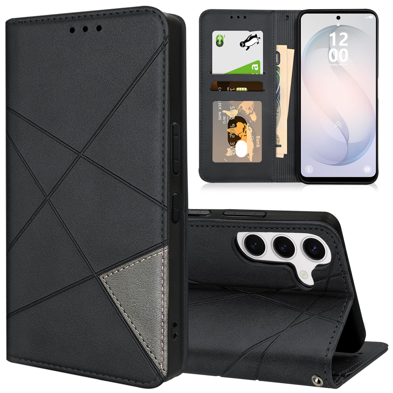 LONGINTIAN For Galaxy S26用 ケース 手帳型 カード収納 財布型 カバー For ギャラクシーS26用 耐衝撃 キックスタンド機能 スマホケース PU合皮 TPU素材 携帯カバー 薄型 軽量 ストラップホール付 ブラック