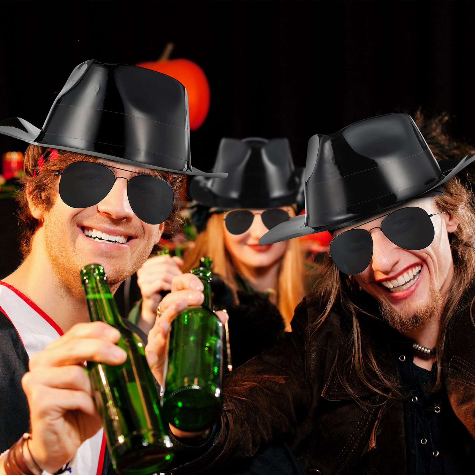 Mepase 48 piezas de suministros de fiesta de neón, 24 sombreros de vestir negros con 24 pares de gafas para adultos, fiesta, boda, carnaval, disfraz de los años 20, Negro -, talla única