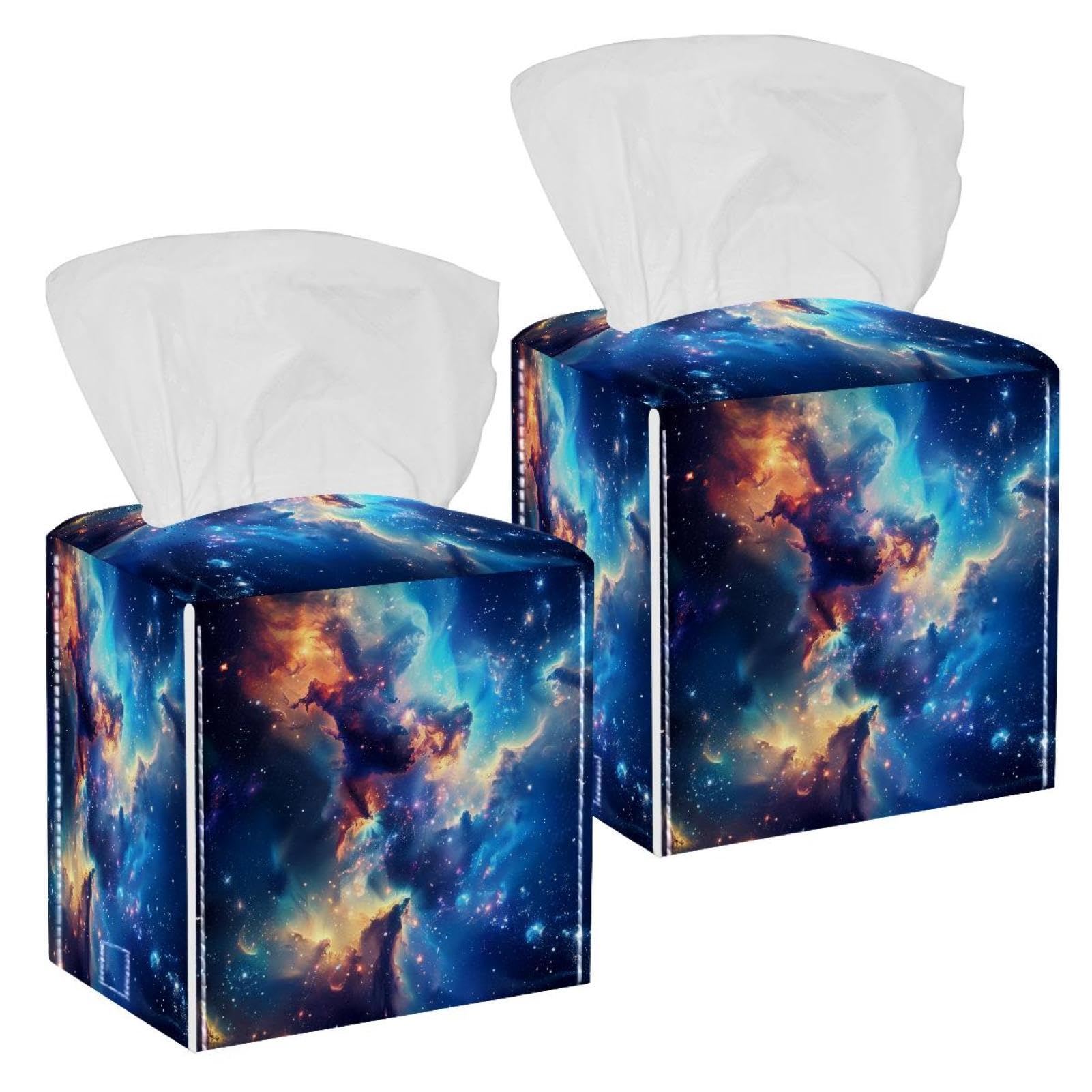 Space Galaxy Tissue Box Cover, 2 Pack PU Leather Square Facial Tissue Dispenser Box holder for Home Office Car