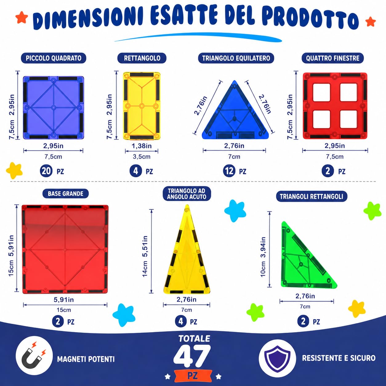 Desire Deluxe Set tessere magnetiche - Gioco Educativo per bambini e bambine - Età 3 4 5 6 7 anni - Impara con le costruzioni - 47 pz