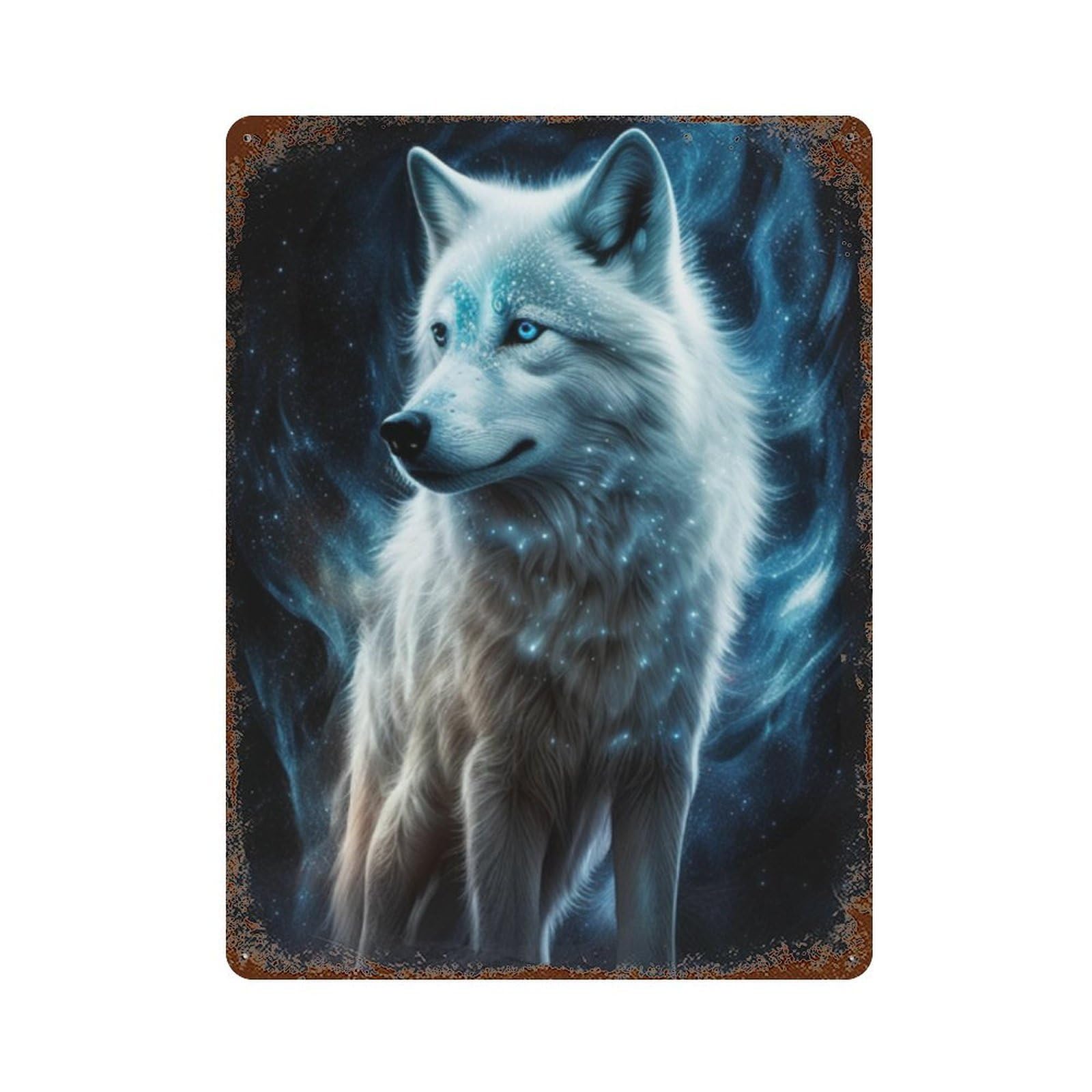 Rust Effect Enchanted Wolf Fantasy Art Print Rusty Metal Tin Sign 15.7"x11.8", Farmhouse Wall Decor for Cafe, Home Bar And Lounge Decor