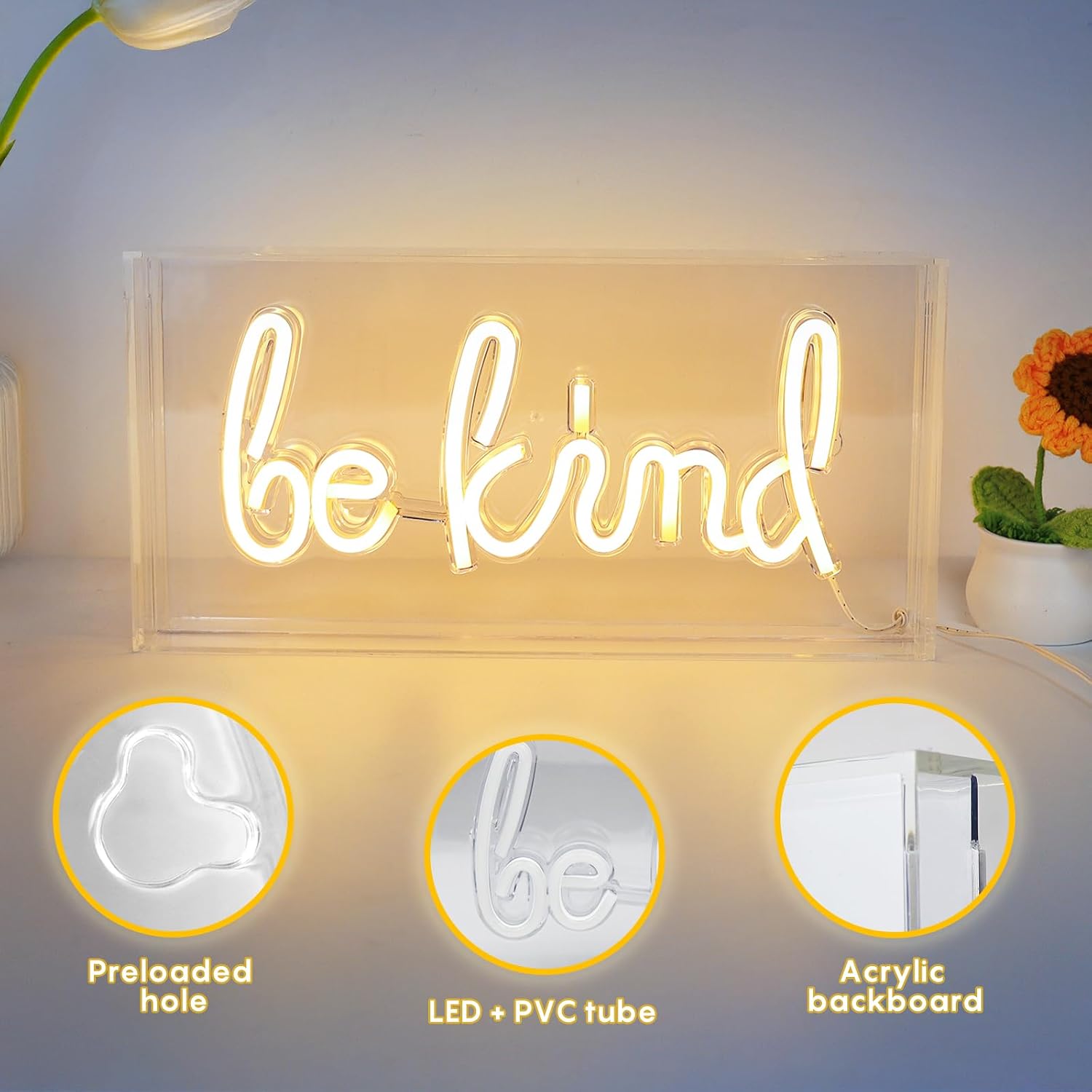 Be Kind Neon Sign, USB Powered LED Neon Light Box with ON/OFF Switch, 3D Acrylic Tabletop and Wall Decor for Girls Room, Bedroom, Classroom, Dorm, Home Office, Shelf, Christmas Birthday Gift (Warm White)