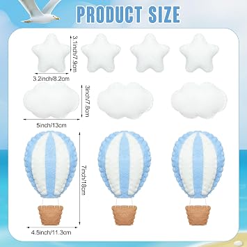 Poen 10 Pcs Hot Air Balloon Felt Wall Decor, Nursery Stars Clouds,Blue