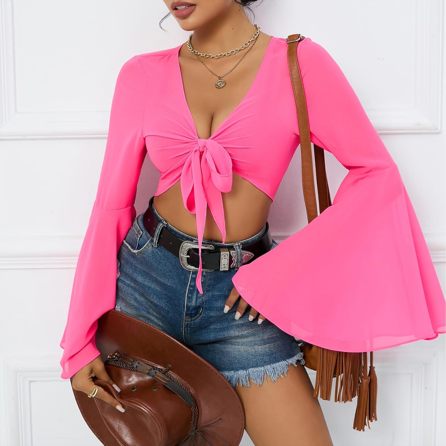 Mesh Tops for Women Bell Sleeve Rave Outfits Tie Front Crop Top Long Sleeve Shirt Sheer Blouse Festival - Image 2