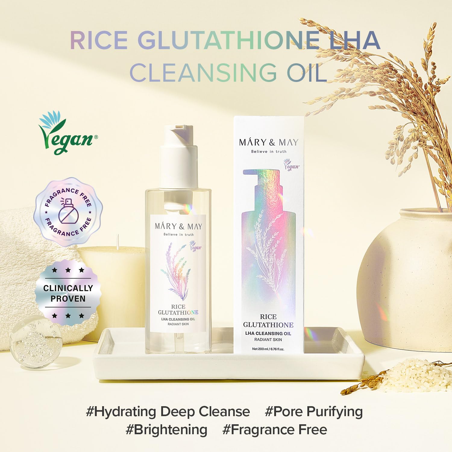 Mary&May Rice + Glutathione LHA Cleansing Oil – Korean Oil Cleanser for Blackheads & Pores, Waterproof Makeup & Sunscreen Remover, Oil-to-Milk Emulsifying, Exfoliation for Sensitive Skin 6.76 fl oz - Image 3